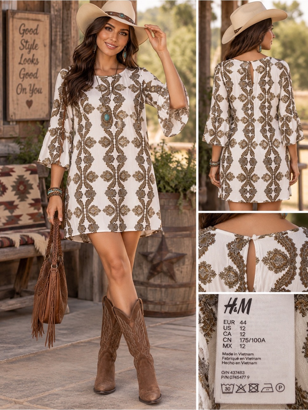 H&M Paisley Bell Sleeve Shift Dress Size 12 Boho Western